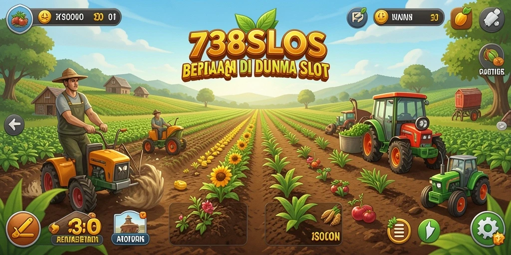 Screenshot gameplay menunjukkan petualangan bertani yang seru di 738SLOTS.