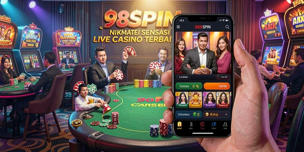 Screenshot gameplay 98SPIN menampilkan interaksi langsung dengan dealer dan pemain lain.