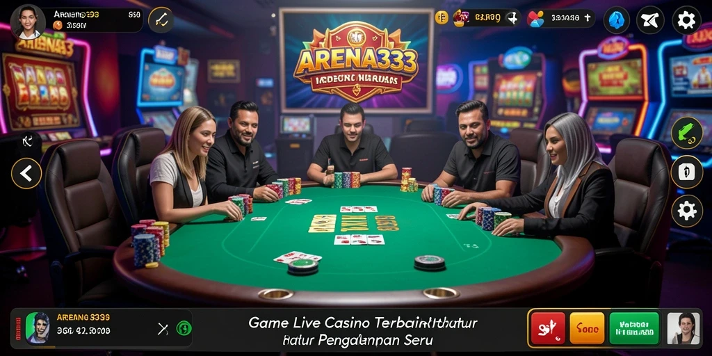 Screenshot utama ARENA333 menampilkan dealer yang sedang bermain dengan para pemain dalam suasana kasino langsung.