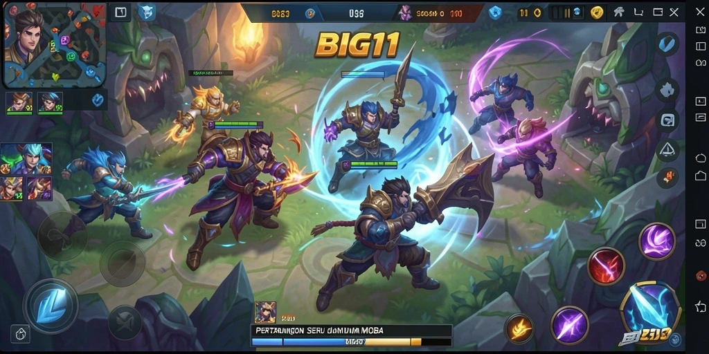 Screenshot menunjukkan pertarungan epik dalam game MOBA.