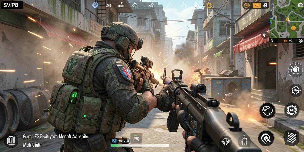 Screenshot utama gameplay SVIP8 menampilkan aksi tembak-menembak yang intens.